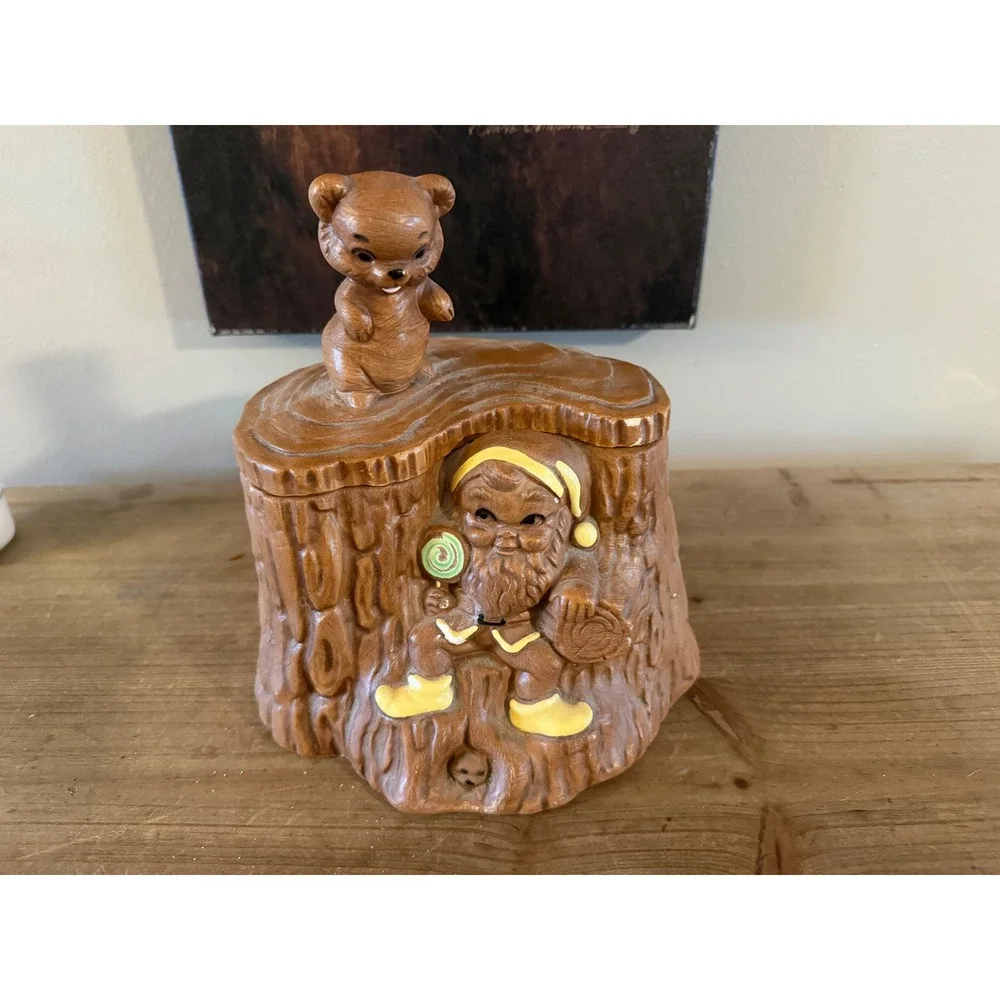 Vintage 1963 Twin Winton Bear Gnome Tree Stump Cookie Jar California USA Ceramic